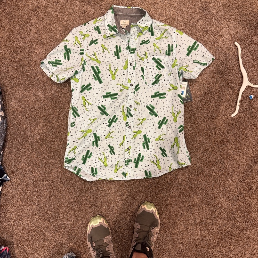 Burnside White Shirt with Green Cactus Design